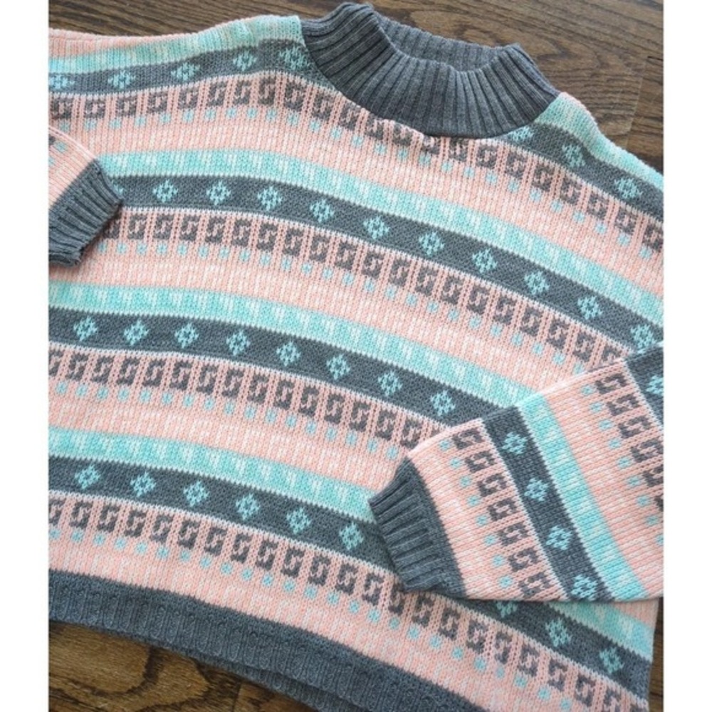 Vtg Croquet Club Pastel Crop Knit Pullover Mockneck Sweater Sz L Nordic Festival